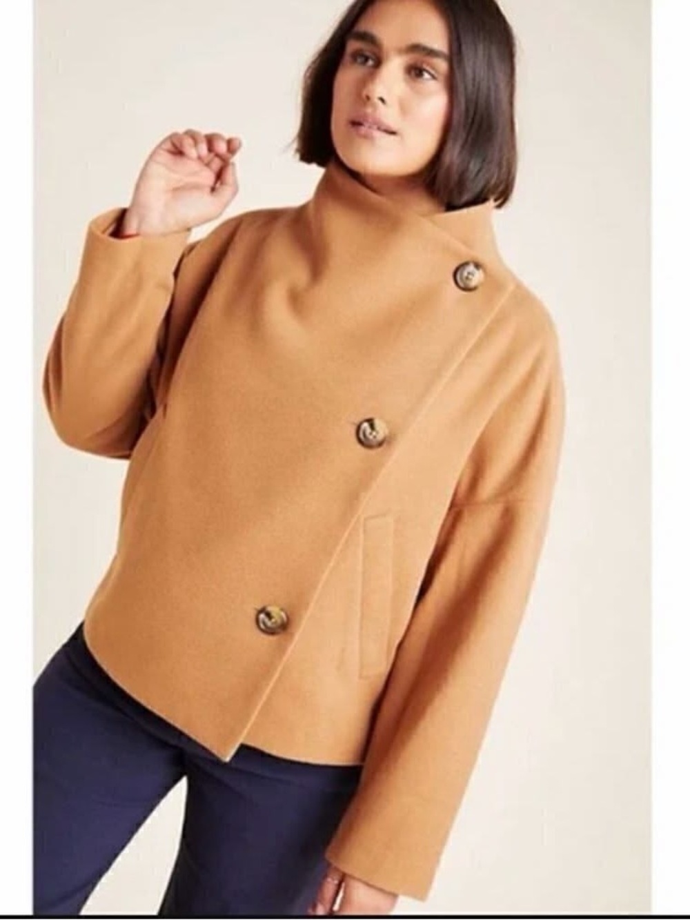 Anthropologie Camel Double-Breasted Asymmetric Pea Coat